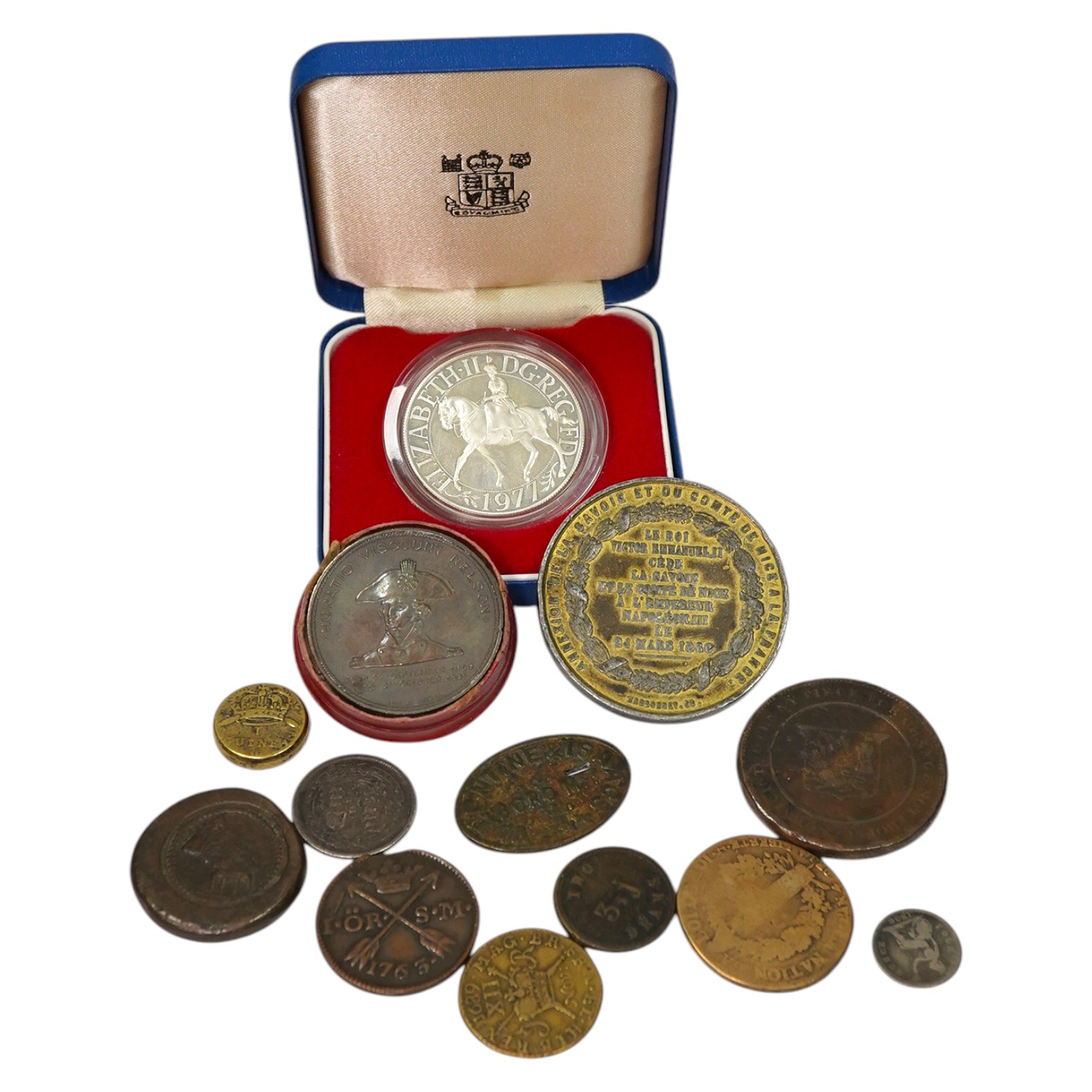 British coins and commemorative medals, a group, including James II Irish gun money shilling, Nov. 1689, good fine, a Foudroyant. Lord Nelson’s flagship commemorative medal, 1897, struck from copper of vessel after break